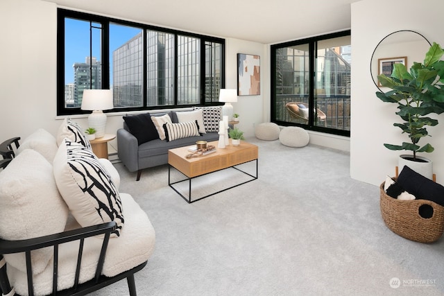 living room featuring a wall of windows and carpet