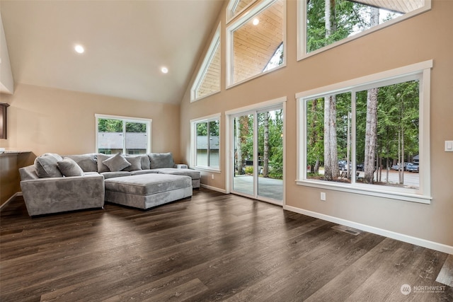 living room featuring recessed lighting, baseboards, high vaulted ceiling, and dark wood-style floors