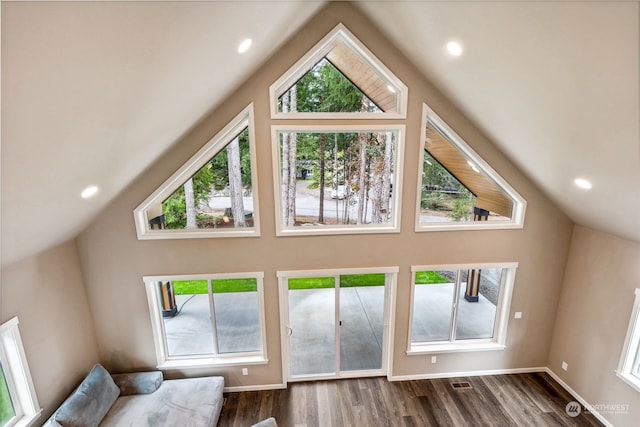 bonus room featuring high vaulted ceiling, a wealth of natural light, and dark wood-style floors
