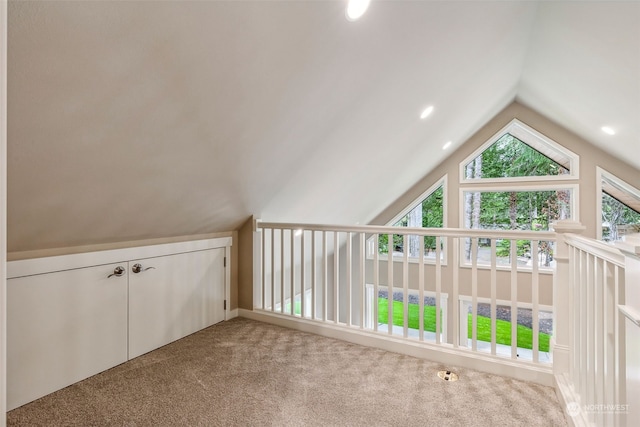 additional living space with lofted ceiling, light carpet, and a wealth of natural light