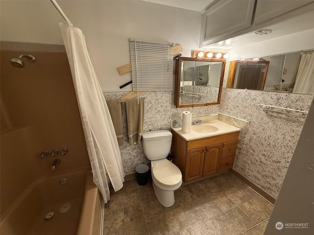 full bathroom featuring tile walls, vanity, toilet, shower / bathtub combination with curtain, and tile patterned floors