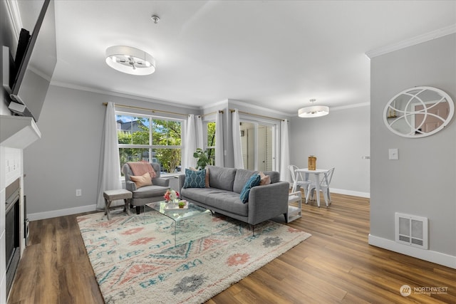 living room featuring dark wood-type flooring and ornamental molding