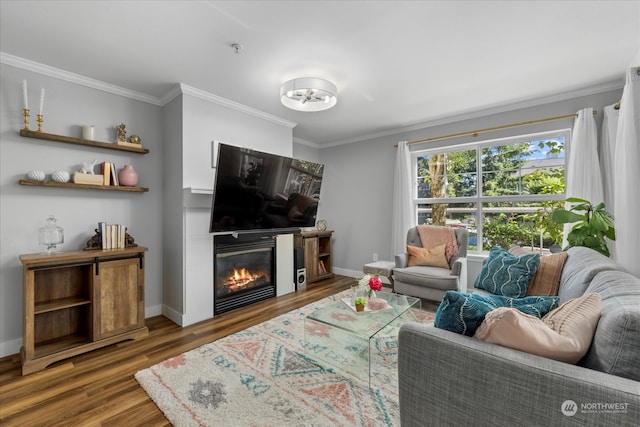 living room with wood-type flooring and ornamental molding