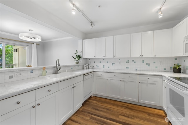 kitchen featuring backsplash, rail lighting, sink, and dark wood-type flooring