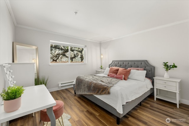 bedroom featuring crown molding, dark hardwood / wood-style flooring, and a baseboard heating unit