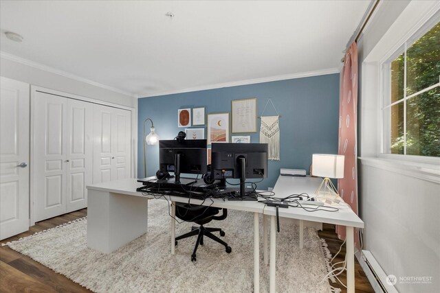 office featuring ornamental molding, a baseboard heating unit, and dark hardwood / wood-style floors