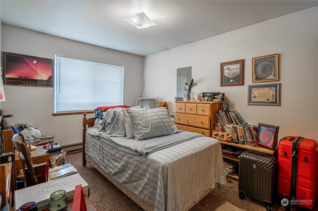 bedroom with carpet flooring and a baseboard heating unit