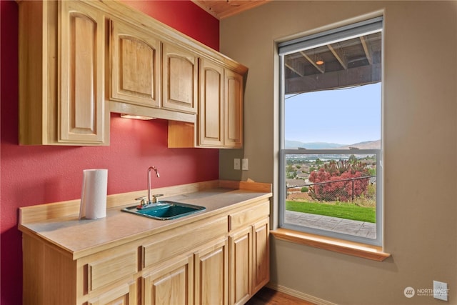 kitchen featuring light brown cabinetry, a mountain view, and sink