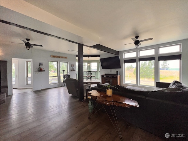 living room featuring ceiling fan and wood-type flooring