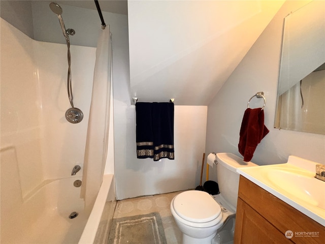 full bathroom with vanity, toilet, shower / bathtub combination with curtain, and vaulted ceiling