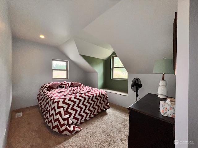 bedroom with lofted ceiling and carpet floors