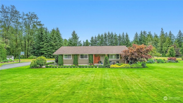 view of front facade featuring driveway and a front lawn