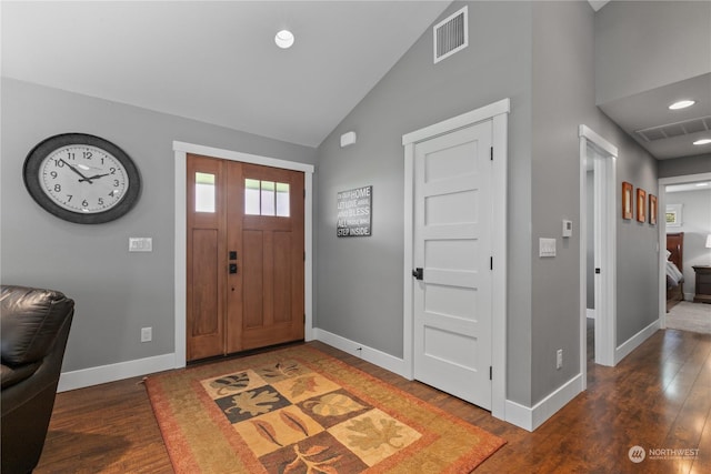 foyer featuring recessed lighting, visible vents, baseboards, and wood finished floors