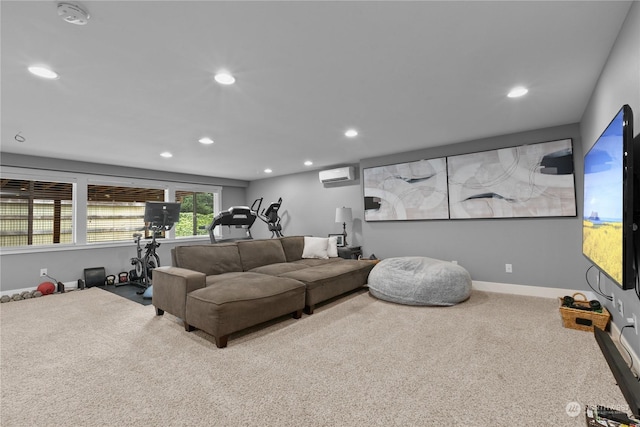 carpeted living room with baseboards, a wall mounted AC, and recessed lighting