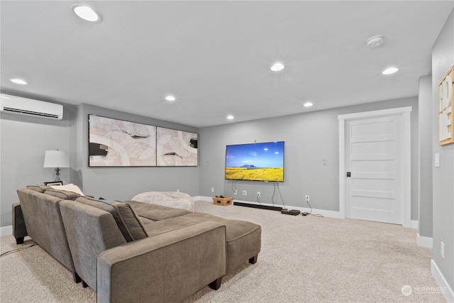 carpeted living room featuring a wall unit AC, baseboards, and recessed lighting