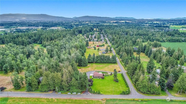 birds eye view of property featuring a mountain view and a view of trees