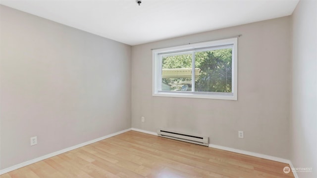 unfurnished room with light hardwood / wood-style flooring and a baseboard radiator