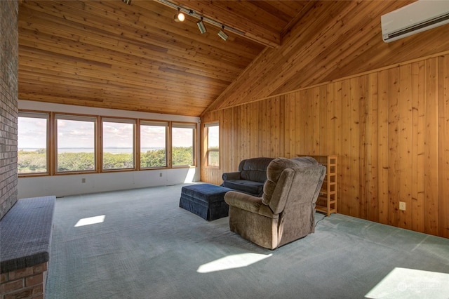 carpeted living room with wood walls, wood ceiling, rail lighting, lofted ceiling, and a wall unit AC
