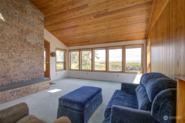 living area with high vaulted ceiling, wooden ceiling, and carpet flooring