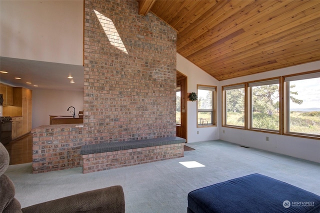 living room featuring wood ceiling, carpet, high vaulted ceiling, and beamed ceiling