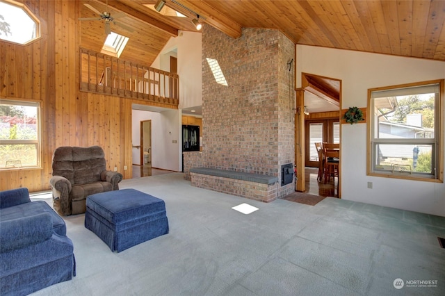 living area featuring high vaulted ceiling, plenty of natural light, rail lighting, and wooden ceiling