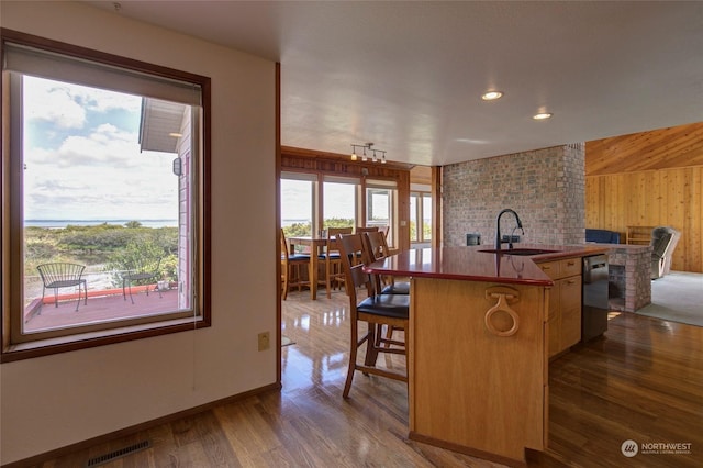 kitchen featuring wood finished floors, visible vents, a kitchen island with sink, and a sink