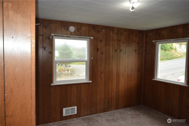 empty room featuring carpet flooring, visible vents, and wooden walls