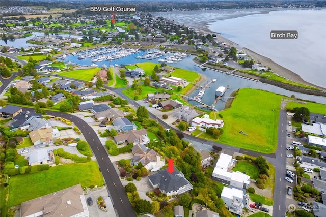 aerial view featuring a water view