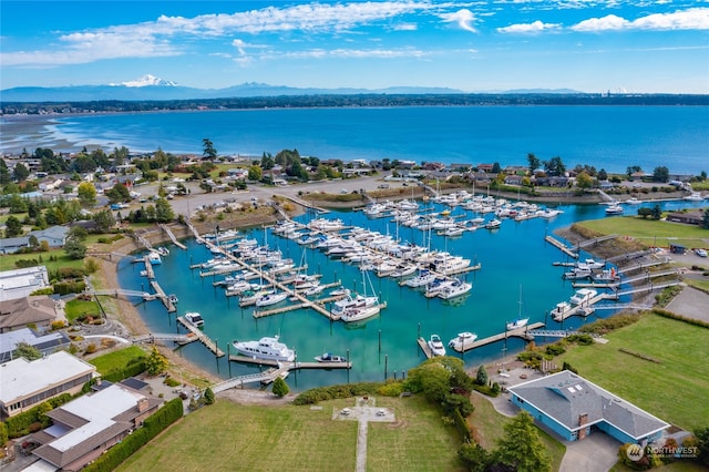 drone / aerial view featuring a water and mountain view