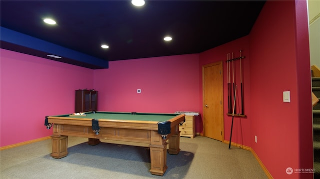 rec room featuring light colored carpet and pool table