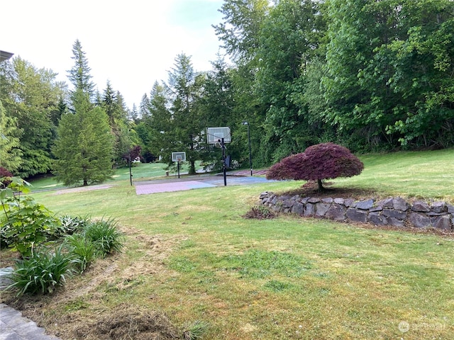 view of basketball court with a lawn