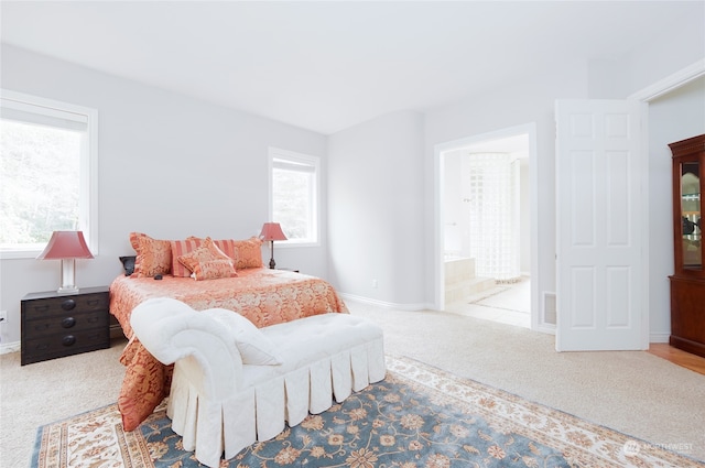 carpeted bedroom with ensuite bathroom