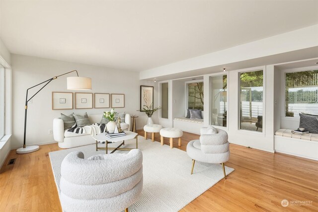 living area featuring wood finished floors and visible vents