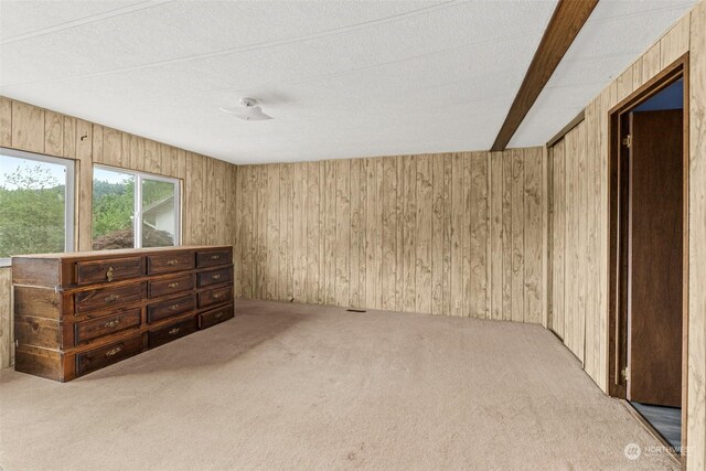 carpeted empty room with wood walls and a textured ceiling