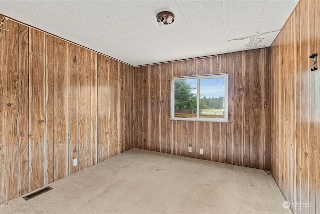 unfurnished room with wood walls, carpet flooring, and a textured ceiling