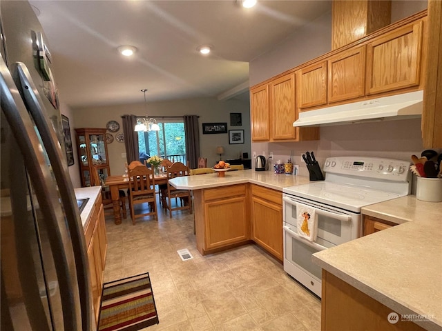 kitchen featuring pendant lighting, stainless steel refrigerator, a chandelier, double oven range, and kitchen peninsula