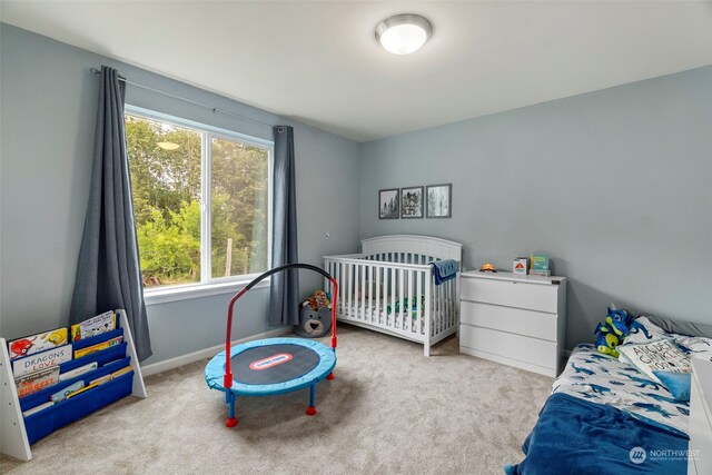 bedroom featuring light carpet