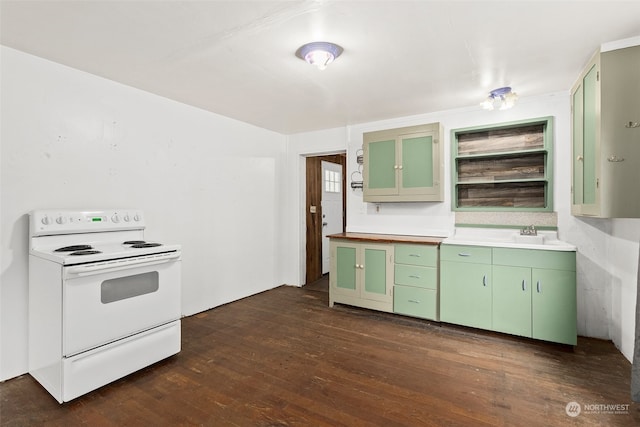 kitchen with dark hardwood / wood-style flooring, electric range, and green cabinetry