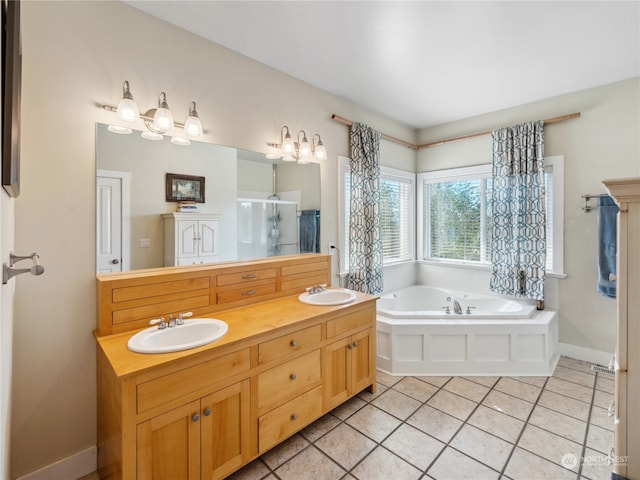 bathroom featuring vanity, plus walk in shower, and tile patterned floors