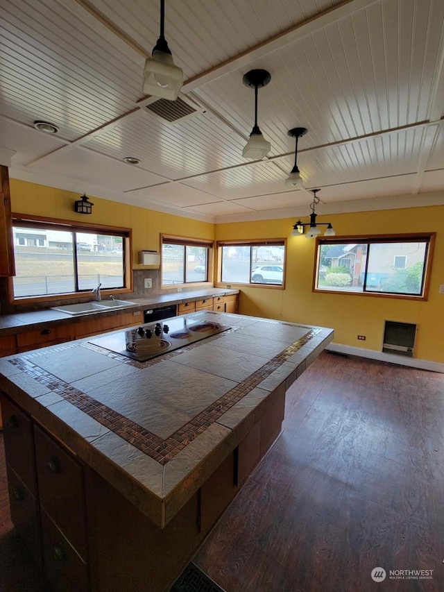 kitchen with dark hardwood / wood-style flooring, hanging light fixtures, and sink