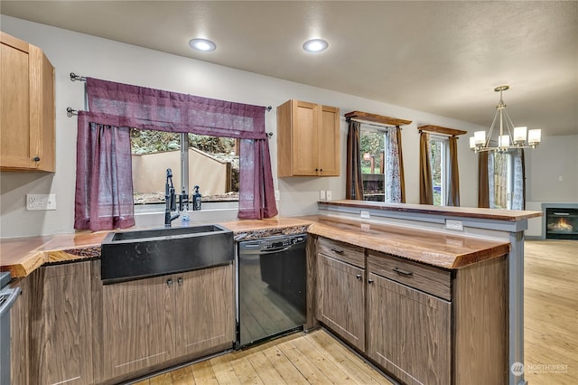 kitchen featuring dishwasher, light hardwood / wood-style floors, a wealth of natural light, and sink