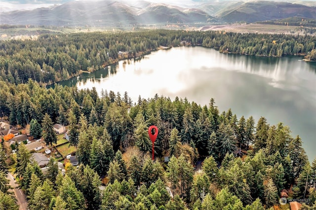 aerial view featuring a water and mountain view