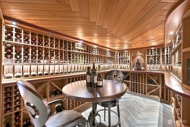 wine cellar with parquet floors and wooden ceiling