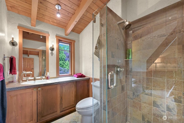 bathroom with toilet, a shower with shower door, wooden ceiling, vanity, and beamed ceiling