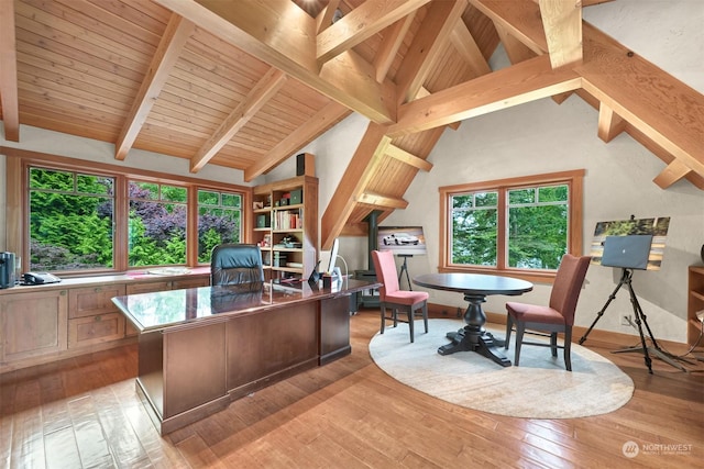 home office with beamed ceiling, high vaulted ceiling, light hardwood / wood-style flooring, and wooden ceiling