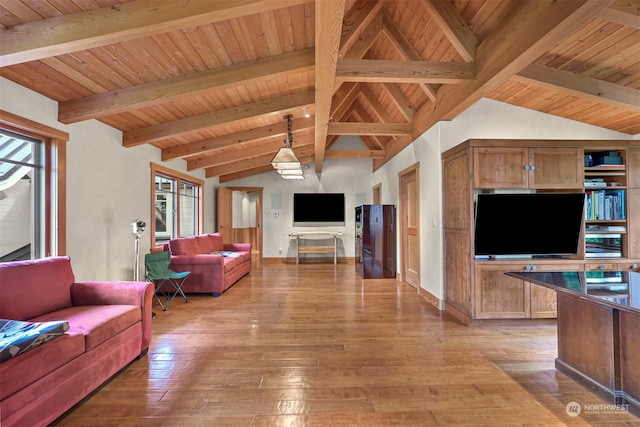 living room with wooden ceiling, wood-type flooring, and vaulted ceiling with beams