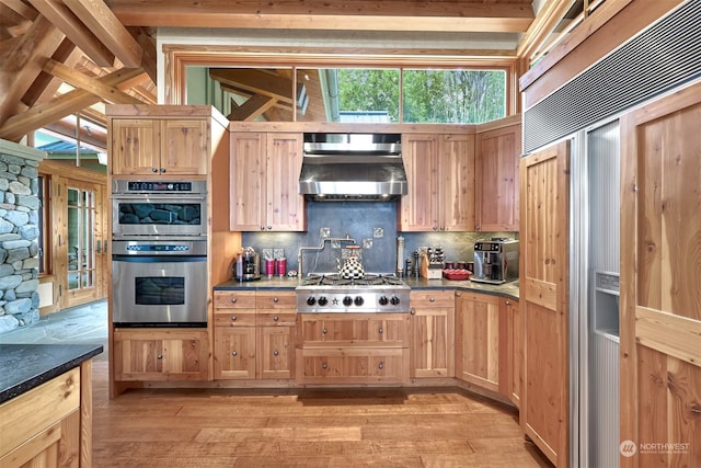 kitchen featuring tasteful backsplash, appliances with stainless steel finishes, exhaust hood, and light hardwood / wood-style flooring