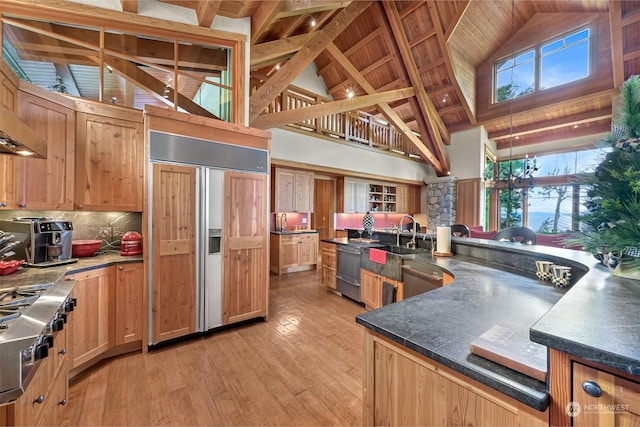 kitchen featuring high vaulted ceiling, decorative backsplash, wood ceiling, stainless steel appliances, and light wood-type flooring