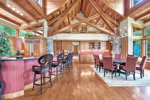 dining area with light hardwood / wood-style flooring, high vaulted ceiling, wooden ceiling, and beamed ceiling