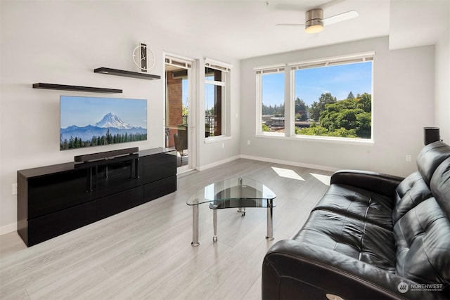 living room with ceiling fan and light hardwood / wood-style floors